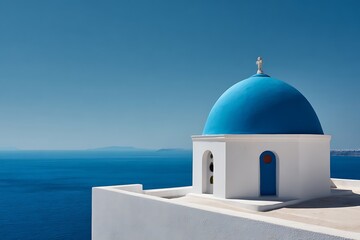 Iconic blue domed church in Santorini overlooking the Aegean Sea on a sunny day