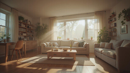 Sunlit Modern Living Room - Cozy Interior With Natural Light and Moving Shadows for Home Decor Inspiration, Real Estate Photography, and Interior Design Presentations