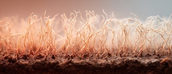 Fungal mycelium network growing from soil, connecting and communicating