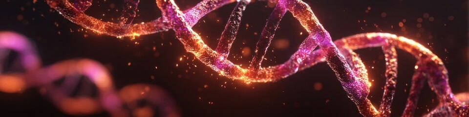 Glowing dna helix structure with particles on a dark background