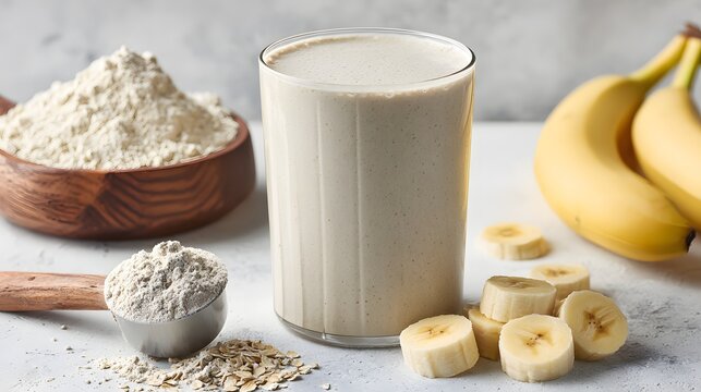 Nutritious smoothie with banana slices and protein powder.