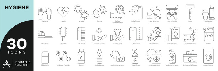Hygiene Icons Set &ndash; 30 Editable Stroke Vector Symbols for Personal Care, Sanitization, and Antibacterial Products