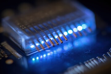 Glowing computer connector on blue circuit board, technology macro shot