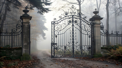 Ornate Black Iron Gate in Foggy Forest	
