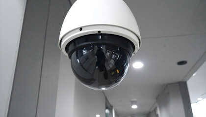 White Dome Security Camera Mounted on Office Ceiling for Surveillance
