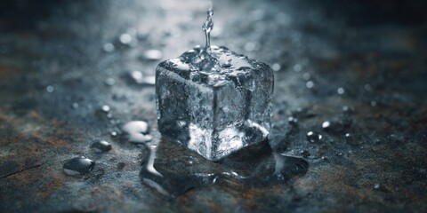 Ice cube with water droplets on a textured surface, melting process