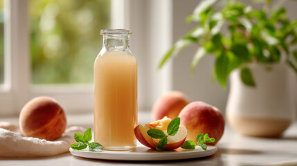 	Peach Juice Bottle with Fresh Peach and Green Mint Leaves