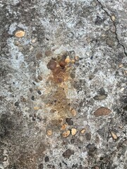 The image is a top-down, close-up view of a rough, weathered concrete surface, likely a pathway or...
