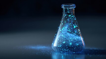 Glowing Erlenmeyer flask with bubbling liquid on a dark surface