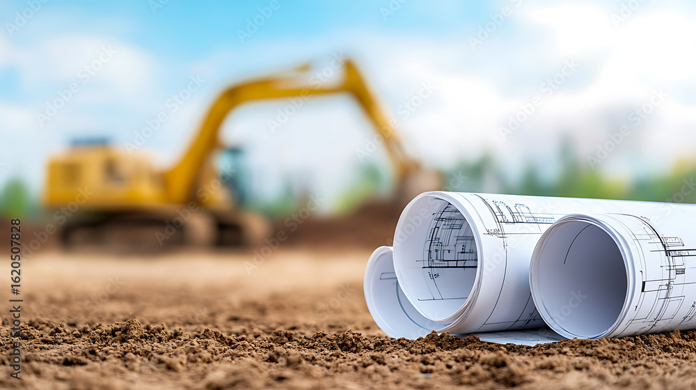 Poster construction blueprints lay on the soil with an excavator in the background, symbolizing planning an