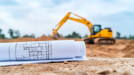 Construction Blueprint on Site: Detailed architectural plans lay on the ground as a digger operates in the background, symbolizing progress and planning.