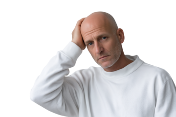 Bald man touching his head with eyes closed, expressing stress, pain, or fatigue. Isolated on transparent background, concept of headache or emotional struggle