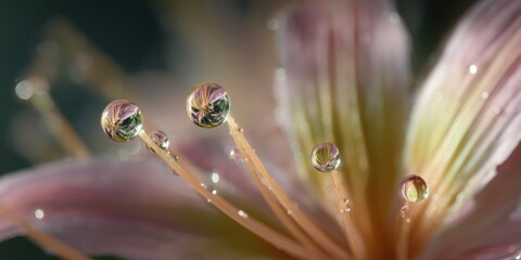 Water droplets on flower stamens reflecting petals, macro photography