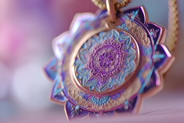 Ornate mandala pendant with gold chain on a soft pink background