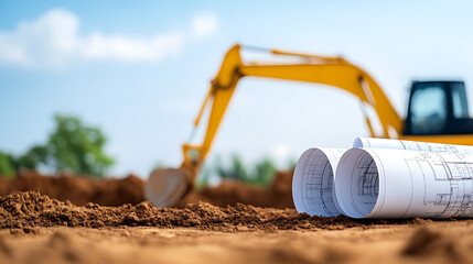 Construction site with rolled blueprints on the dirt. A yellow excavator is visible in the background against a blue sky with some clouds.