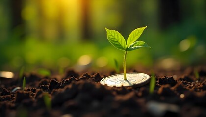 A delicate seedling emerges from a silver coin nestled in rich, dark soil in a lush forest floor, filtered sunlight, green investment concept.