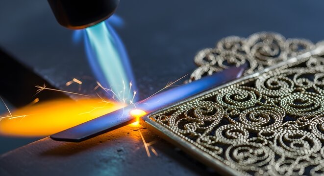 Intricate gold filigree undergoes precise soldering, a fiery dance of sparks and focused flame, crafting a delicate masterpiece of timeless artistry. - Powered by Adobe