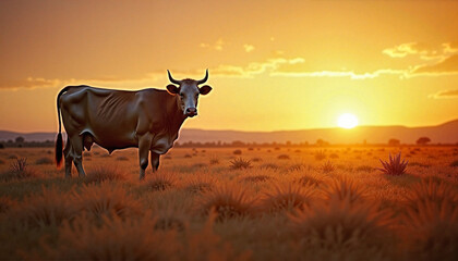 A Cow Peacefully Stands Against a Golden Sunset Landscape