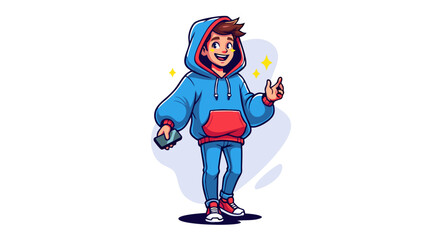 Vibrant cartoon character of a boy in a blue hoodie holding a glowing green phone and smiling.