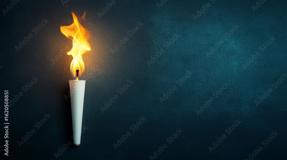 Poster glowing torch with flames against a dark background in a clean and simple style