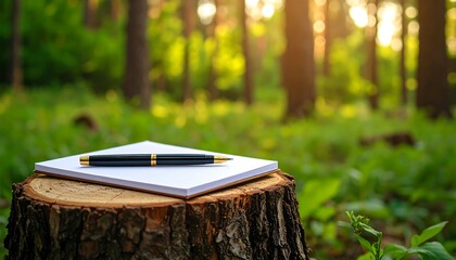 Close up view of a pen on blank paper resting on a tree stump in a serene forest clearing with sunlight filtering through trees