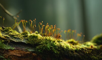 Moss Growing on a Log with Sporophytes in a Forest Environment