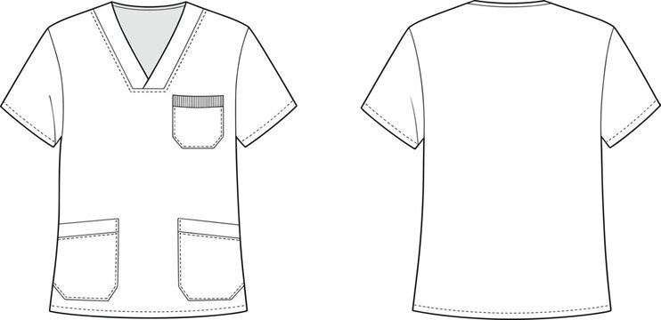 Short sleeve medical scrub top, front and back view, V-neck design, flat sketch, technical vector fashion template