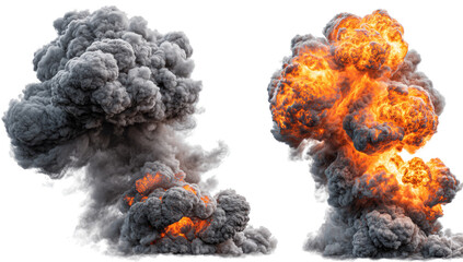 A powerful set of fiery explosions with bright flames and billowing dark smoke, isolated for concepts of danger and destruction