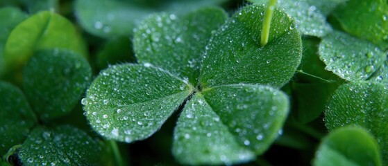 Fresh green four leaf clover with water droplets, symbol of luck