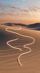 Glowing line on sand dunes, desert landscape at sunset, travel concept