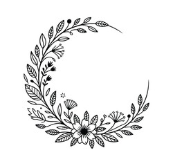 Minimal Floral Crescent Frame | Hand Drawn Botanical Wreath Moon | Elegant Black and White Line Art for Modern Wall Decor or Graphic Design Use, botanical moon, vector black and white