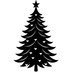 Obraz premium Black christmas tree silhouette white hearts star vector