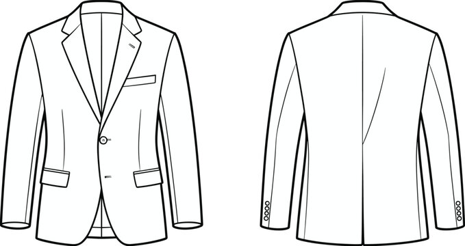 Men’s formal blazer front and back view, flat technical fashion sketch, tailored jacket CAD drawing, vector illustration template