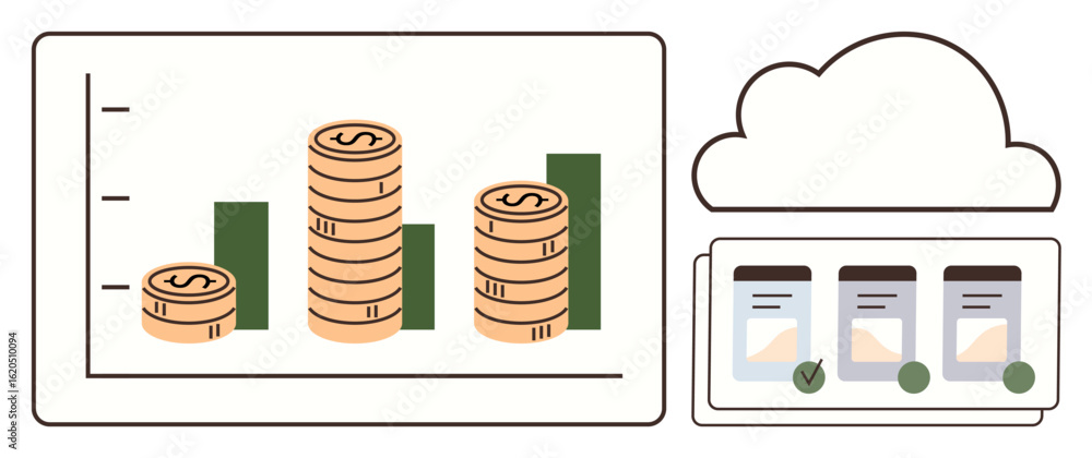 Poster stacked coins on a rising bar graph symbolize financial growth alongside a cloud interface showing t