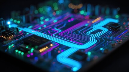 Glowing circuit board with neon lights on a dark surface, technology