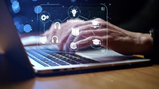 E-Learning Concept Person Typing on Laptop with Holographic Educational Icons Overlay