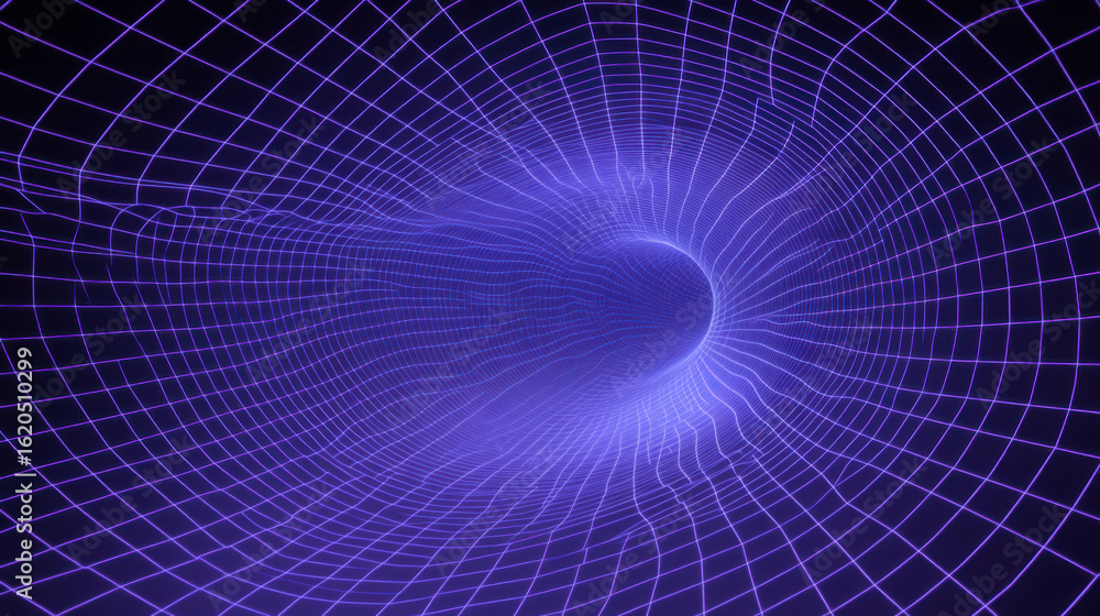 Poster visual representation of a blue vortex illustrating concepts of time travel and space curvature