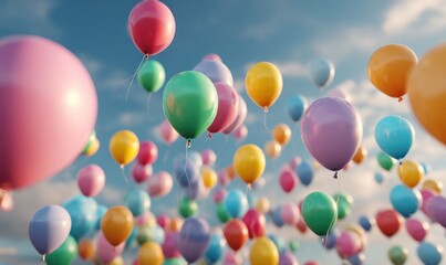 Colorful balloons floating in the sky, celebration and party background
