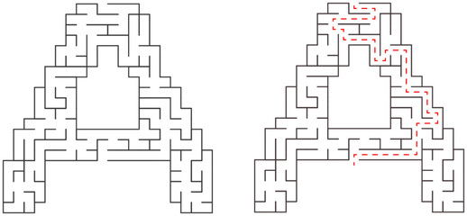 A 20x20 alphabet A letter-shaped educational maze with square cells, with and without solution, learning activity for kids
