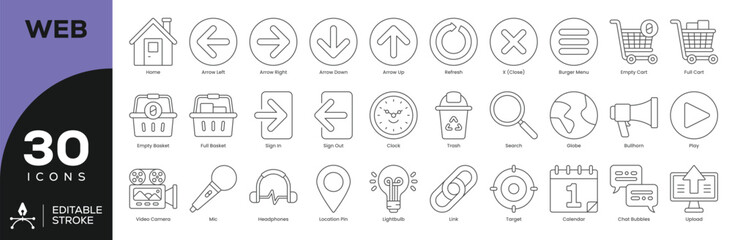 Web UI Icon Set - 30 Editable Stroke Vector Icons for E-Commerce & Navigation (Cart, Menu, Arrows, Search, User