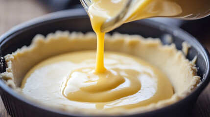 Creamy custard being poured into a freshly prepared pie crust in a home kitchen setting