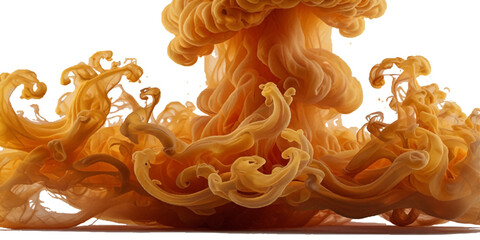 Beautiful orange smoke plume isolated on transparent background. bright orange paint color powder festival background.	
