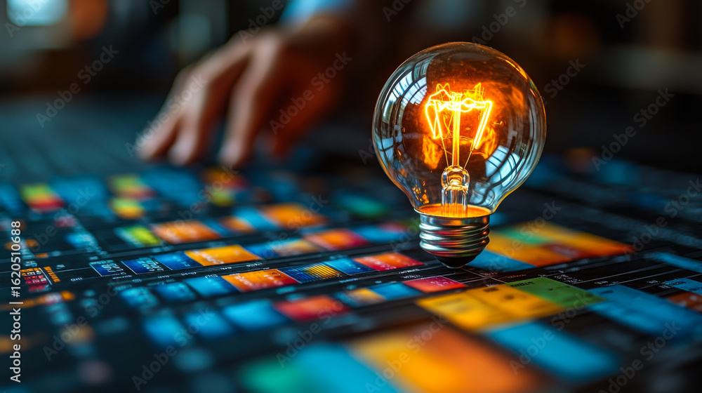 Poster creative individual interacting with a glowing light bulb over a colorful digital interface in a mod