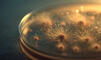 Petri dish with microorganisms, colonies, and filaments on dark surface