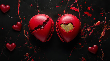 Heart-shaped desserts decorated with delicate details on a dark marble surface evoke romance and celebration