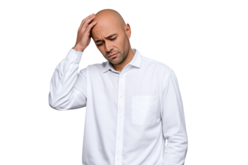 Bald man touching his head with eyes closed, expressing stress, pain, or fatigue. Isolated on transparent background, concept of headache or emotional struggle