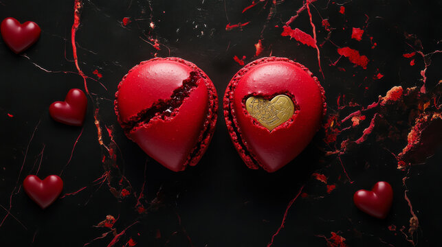 Heart-shaped desserts decorated with delicate details on a dark marble surface evoke romance and celebration