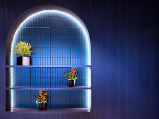 Decorative interior wall niche with arched backlighting, blue tiles, and potted plants