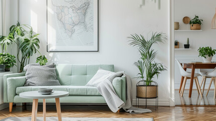 Fototapeta premium This stylish and cozy modern living room showcases vibrant green accents complemented by beautiful artwork