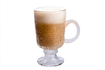 a glass of coffee with a foamy drink in it